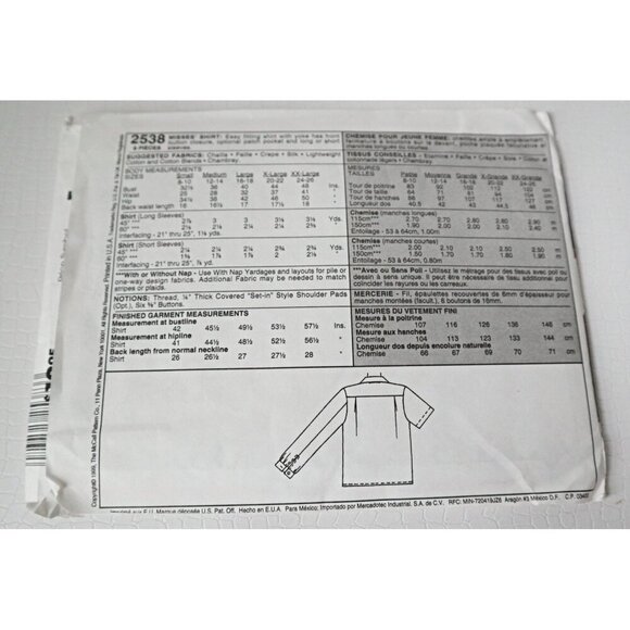 McCall's 2538 Vintage Sewing Pattern Misses Blouse 4 Variations Uncut Size 16 18 - Picture 4 of 4